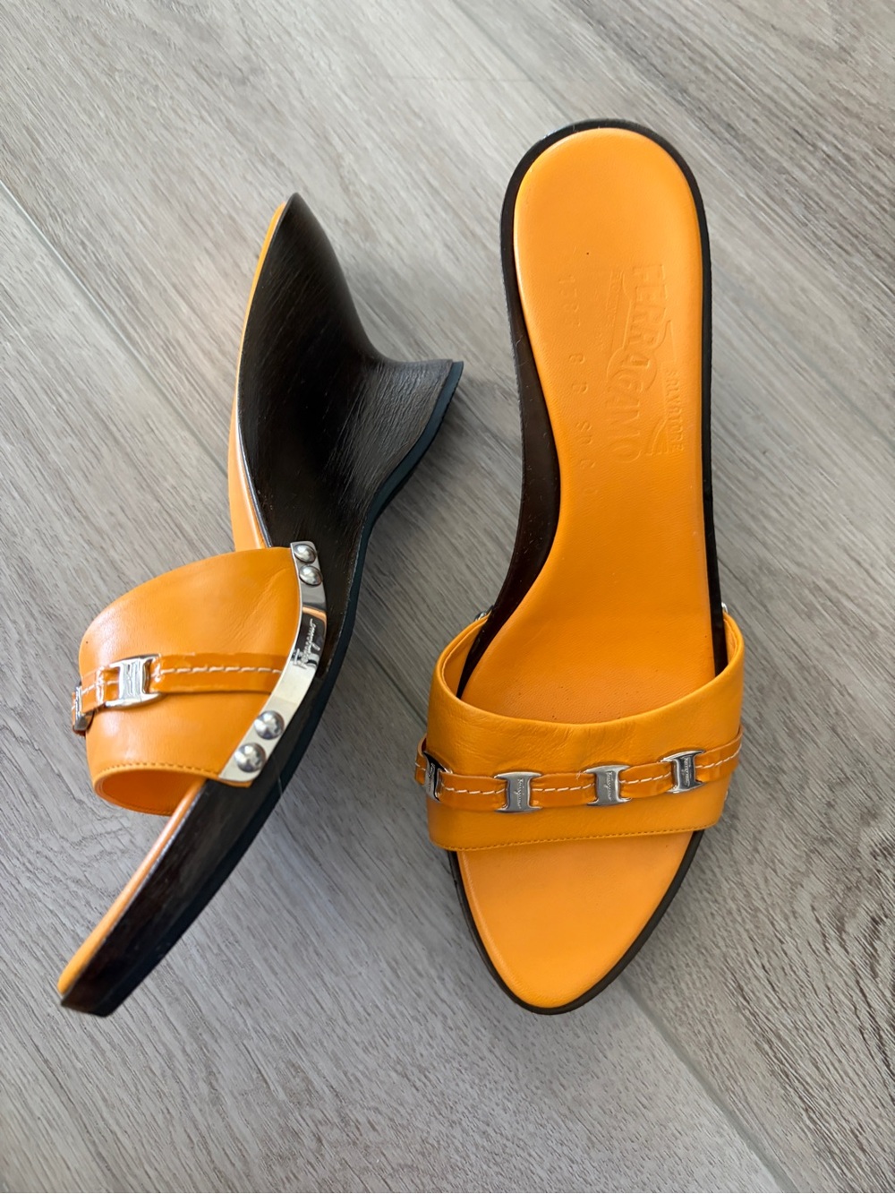 Ferragamo Wedge Leather Slide Sandals Orange with Metallic Accent